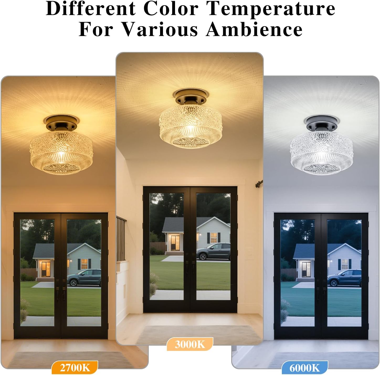 Semi Flush Mount Ceiling Light, 9 Inch Modern Small Ceiling Light Fixture with Thickened Glass & Stone Floral Pattern, Black Metal Base for Hallway Kitchen Bedroom Hotel Cafe