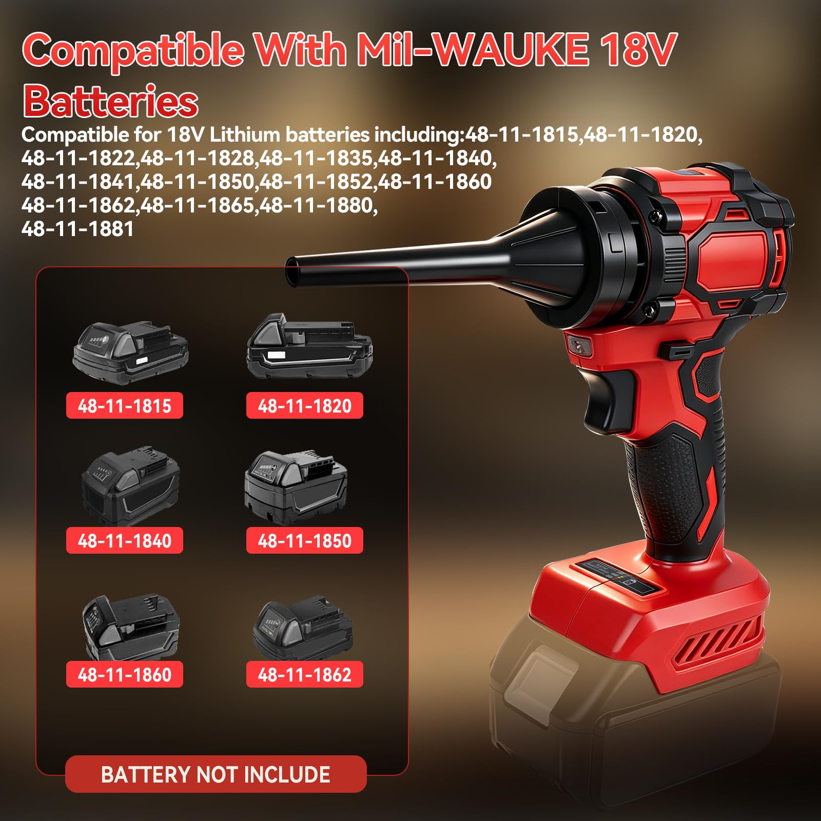 Soffiatore per foglie senza fili compatibile con Milwaukee, soffiatore portatile e aspirapolvere, ventilatore elettrico da giardino, 130000 giri/min, 6 ugelli per la cura del prato, cortile, foglie