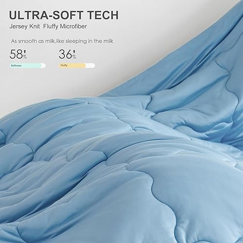 Miniatura 4 de COTTEBED Juego de edredón reversible azul y gris claro, tamaño Queen, camiseta de punto de jersey ultra suave, ligera, transpirable, acogedora manta