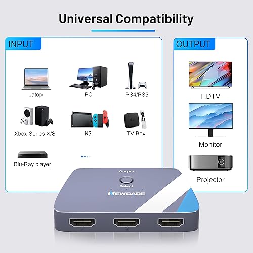 Miniatura 3 de NEWCARE Interruptor HDMI 3 en 1 salida 4K 60Hz, divisor HDMI 3x1 con cable HDMI 2.0 de 2.6 pies, selector de conmutador HDMI de 3 puertos compatible