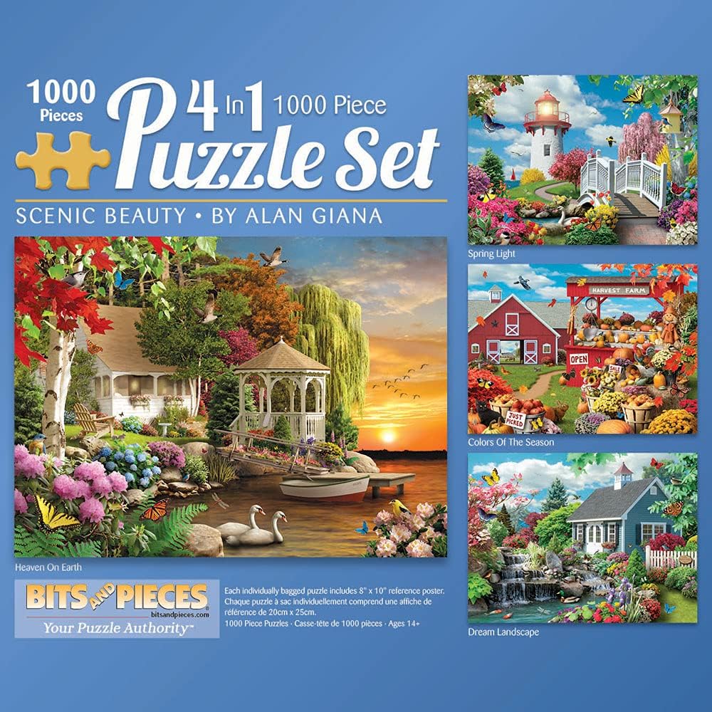 Bits and Pieces – 4-in-1 Multi-Pack 1000 Piece Jigsaw Puzzles for Adults – Scenic Beauty Collection by Artist Alan Giana, Completed Puzzle Size: 20" x 27" Each