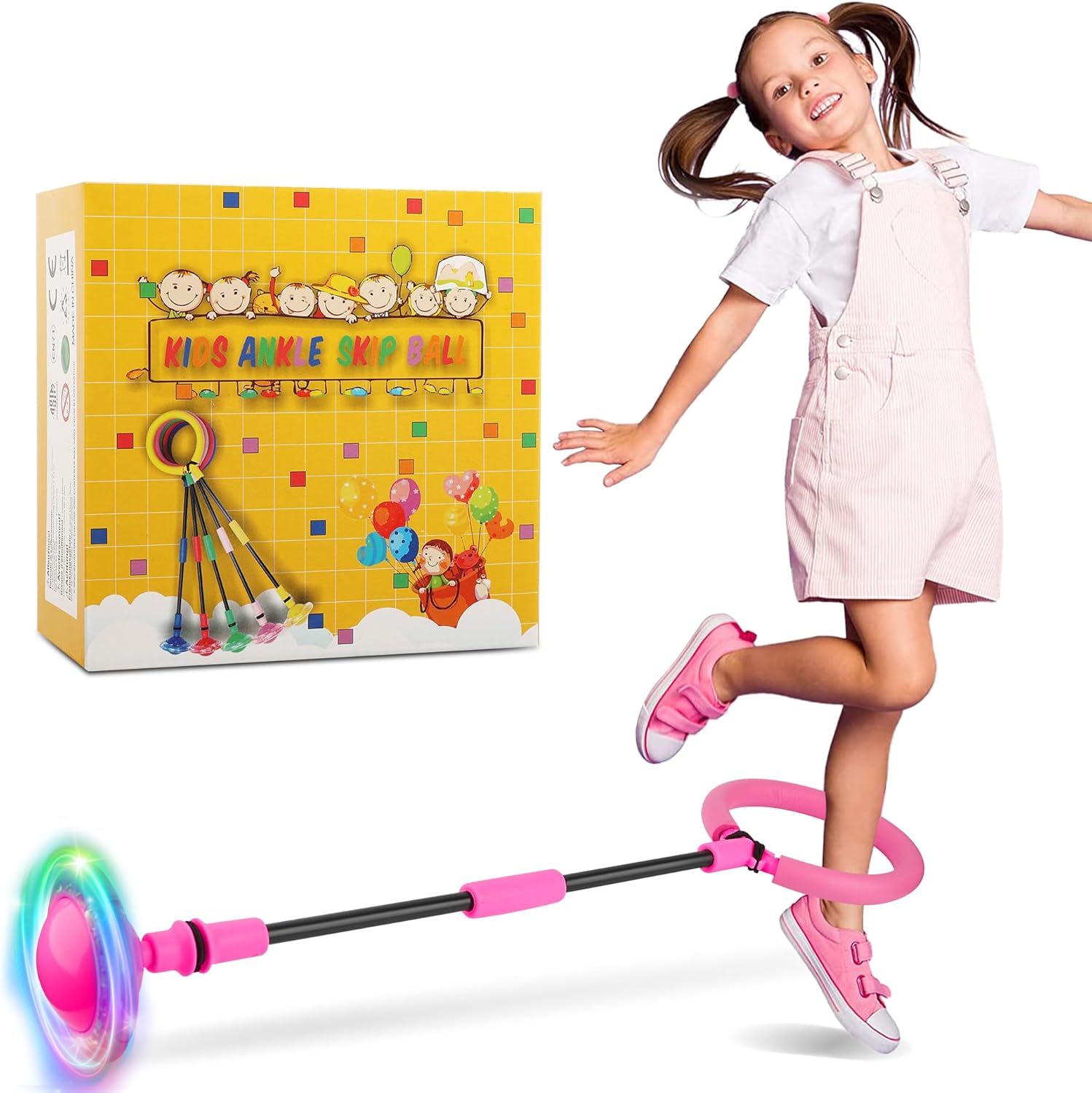 Ankle Skip Ball for Kids, Foldable Skip Ball Toy with Colorful Flash Wheel, Outside Toys for Kids, Gift for Girls & Boys Age 5 6 7 8 9 10 Years Old
