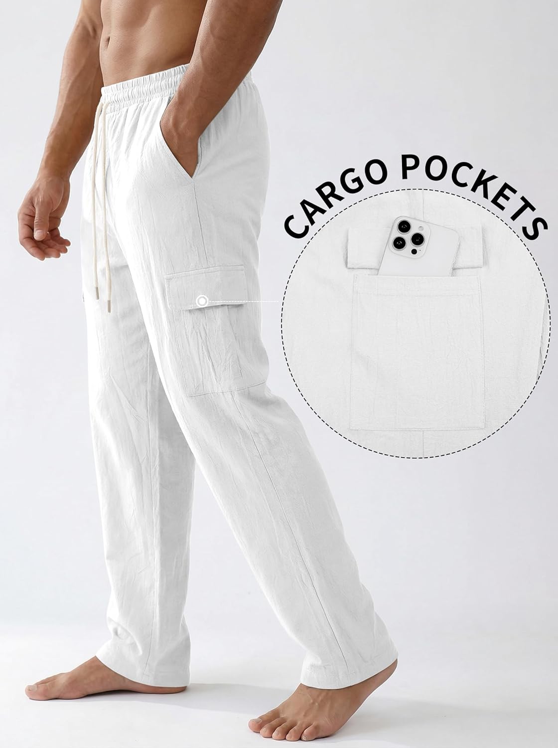 Men's Linen Pants Casual Cargo Pants with Pockets Lightweight Elastic Waist Drawstring Pants Baggy Beach Pants - Image 5