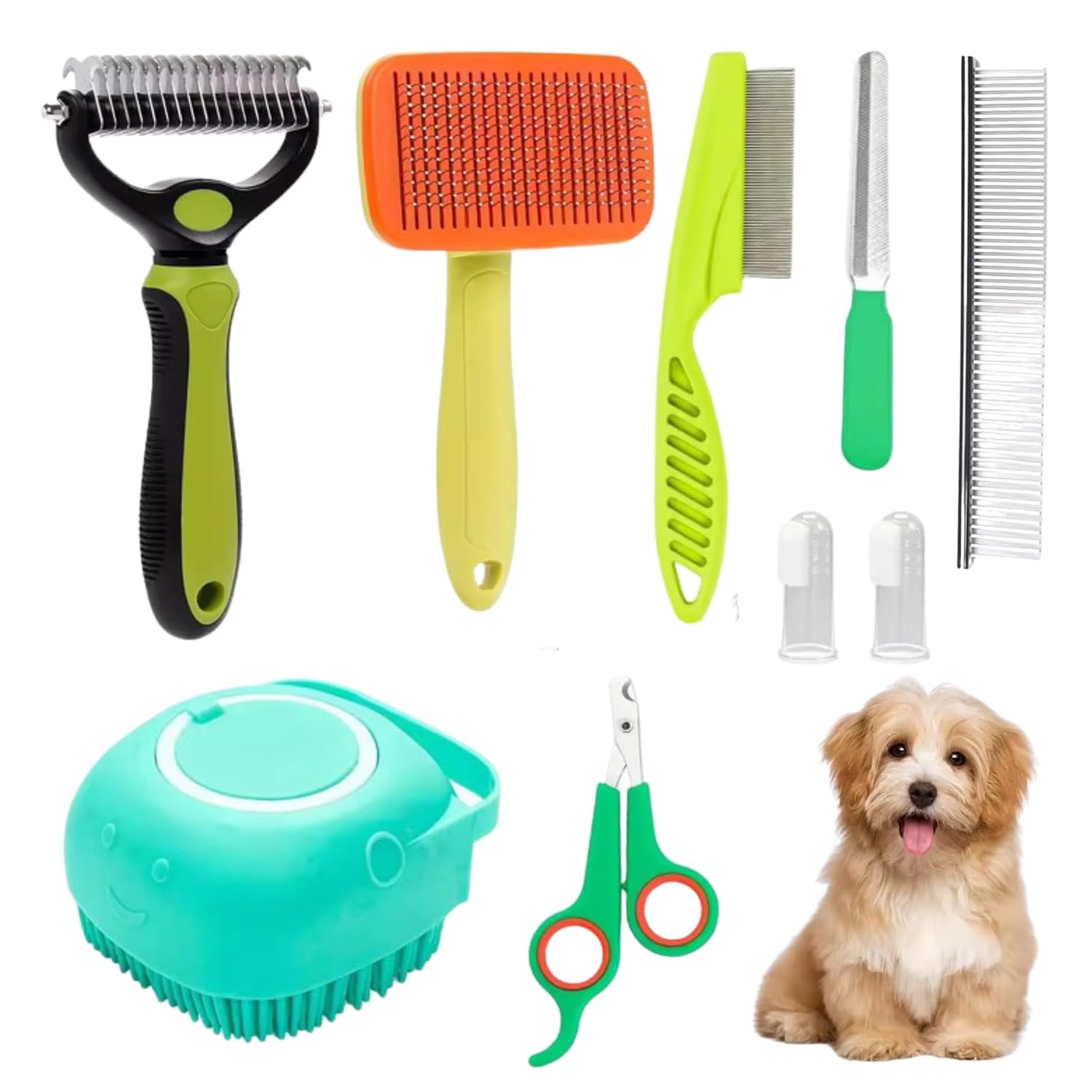 9Pcs Dog Grooming Kit - Self Cleaning Slicker Brush, Flea Comb, Nail Trimmer & Bath Brush - Pet Grooming Tools for Shedding, Trimming & Oral Care - For Dogs & Cats - Green