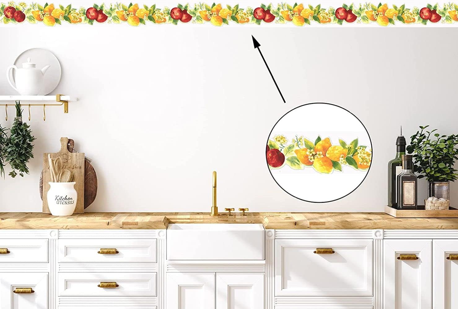 CONCORD WALLCOVERINGS ™ Wallpaper Border Apples Pattern Lemons Flowers, Double Sided Die Cut, Red Yellow Green White, 5.5 Inches by 15 Feet KC78352DC