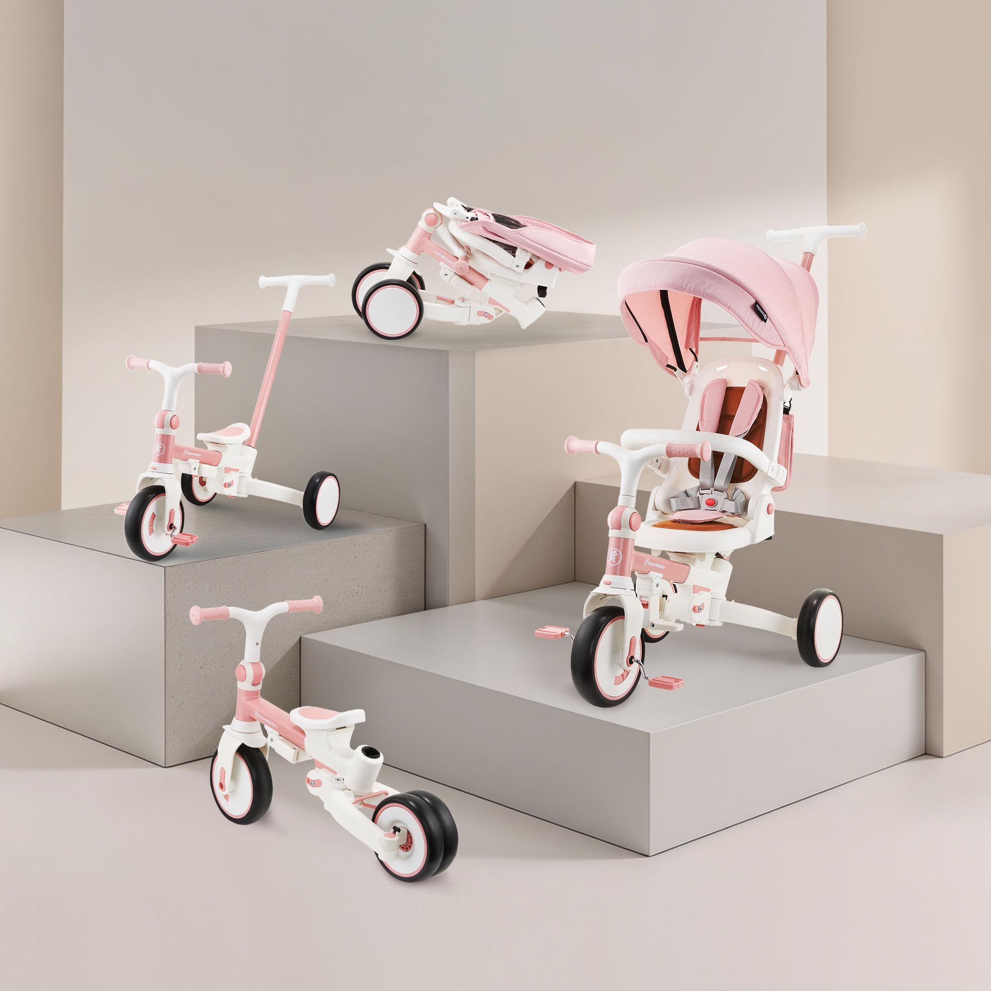 HyperMotion Triciclo Evolutivo 8 en 1 Rosa – Triciclo Bebe Plegable y Reclinable con Asiento 360° y Capota – Arnés, Barra de Empuje – Trike para Niñas de 1 a 5 Años