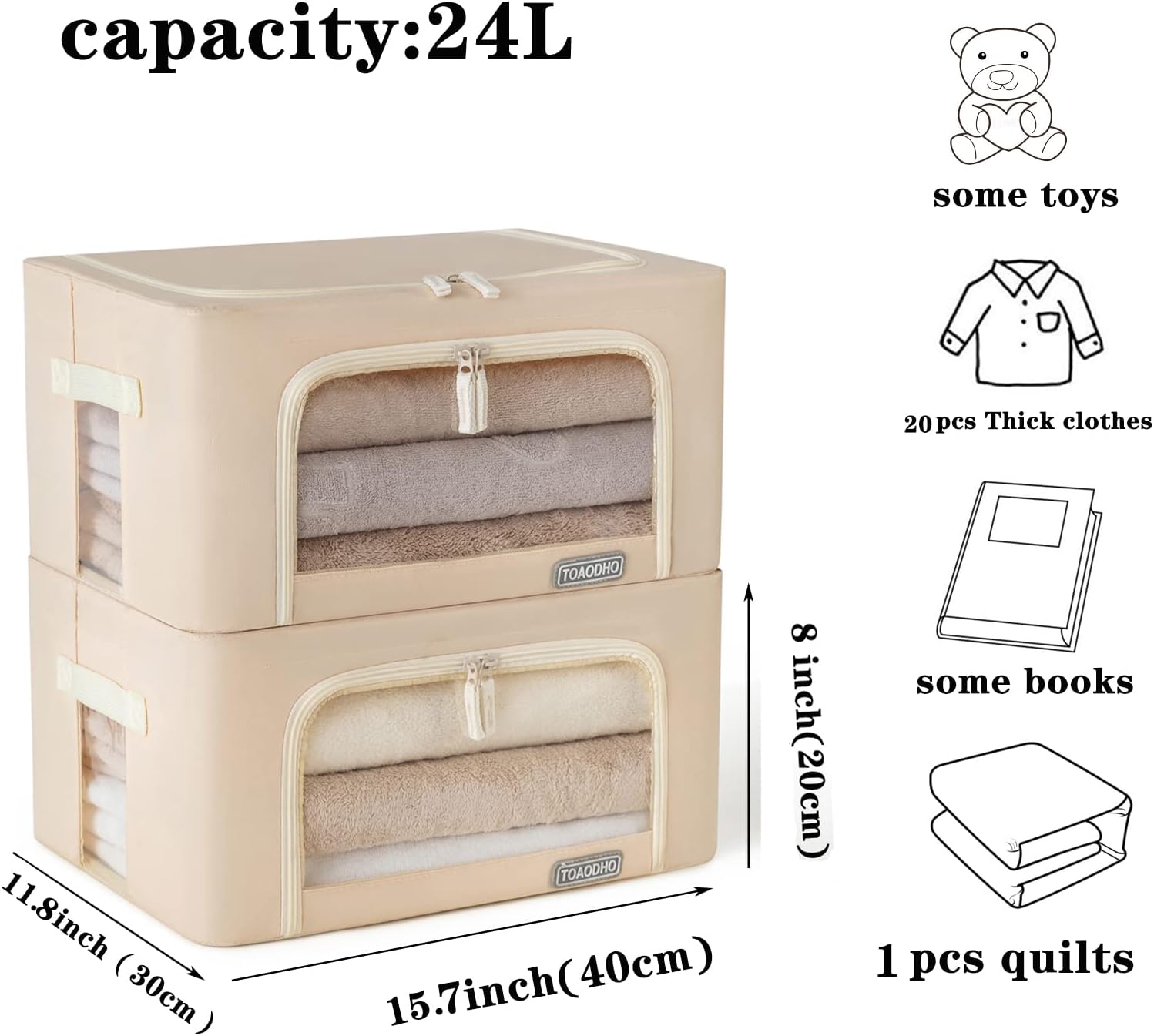 Foldable Clothes Storage Bins, 2 Pack Stackable Frame Storage Box ,Oxford Fabric Container Organizer Bins with Carrying Handles and Clear Window