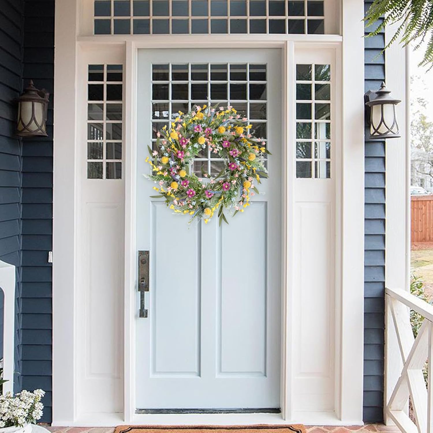 22" Spring Summer Wreath for Front Door - Colorful Wildflower Wreath with Lavender & Forsythia, Everyday Floral Wreaths for Front Door Outside, Spring Door Wreath for Indoor Home Decor