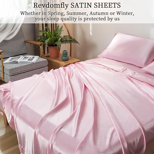 Miniatura 2 de Revdomfly Juego de sábanas de lujo de satén rosa suave y sedoso de 4 piezas, 1 sábana bajera de alta calidad que absorbe la humedad que se adapta a