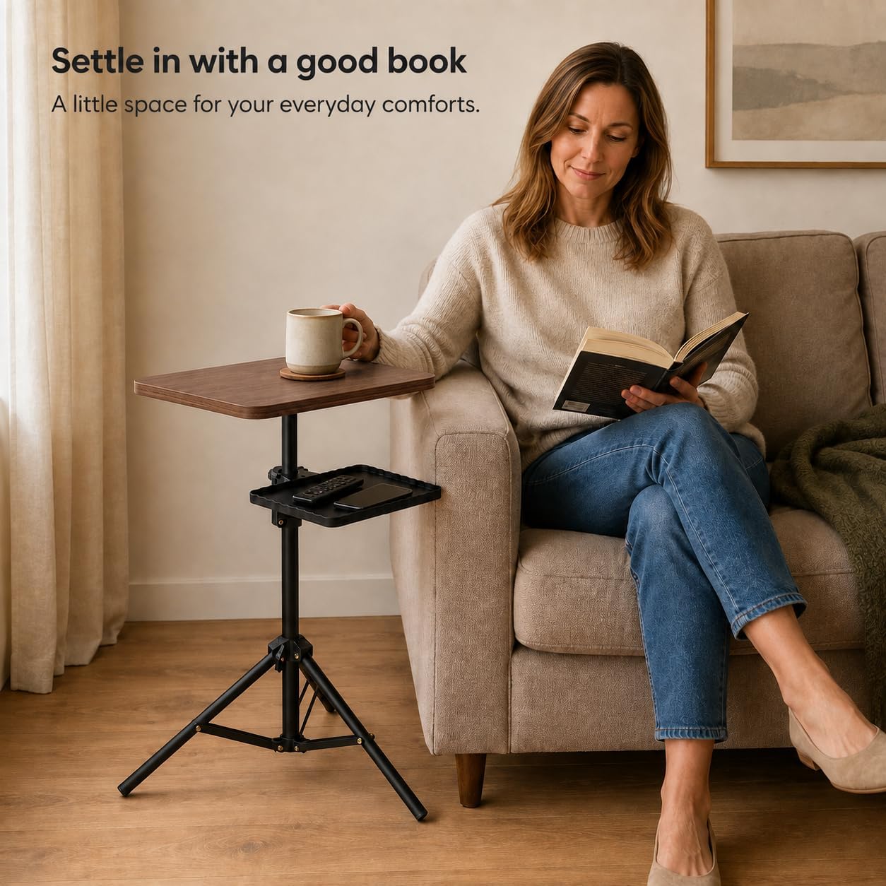 Tinysun Adjustable 2-Tier TV Tray Table with Side Shelf