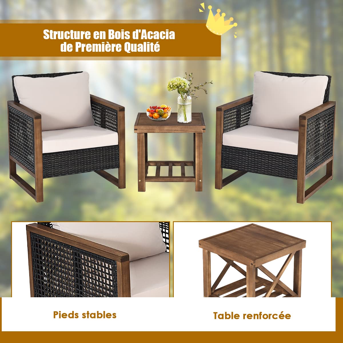 COSTWAY Ensemble de Meubles 3 Pièces de Patio en Rotin Charge 160KG (Beige)