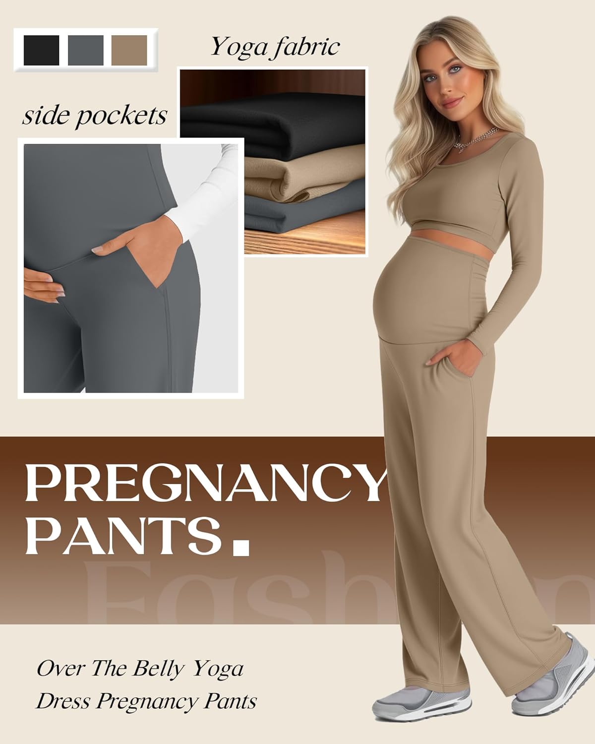 3 Pack Women's Maternity Yoga Pants Over The Belly Pregnancy Pants Wide Leg Lounge Trousers with Pockets - Image 5