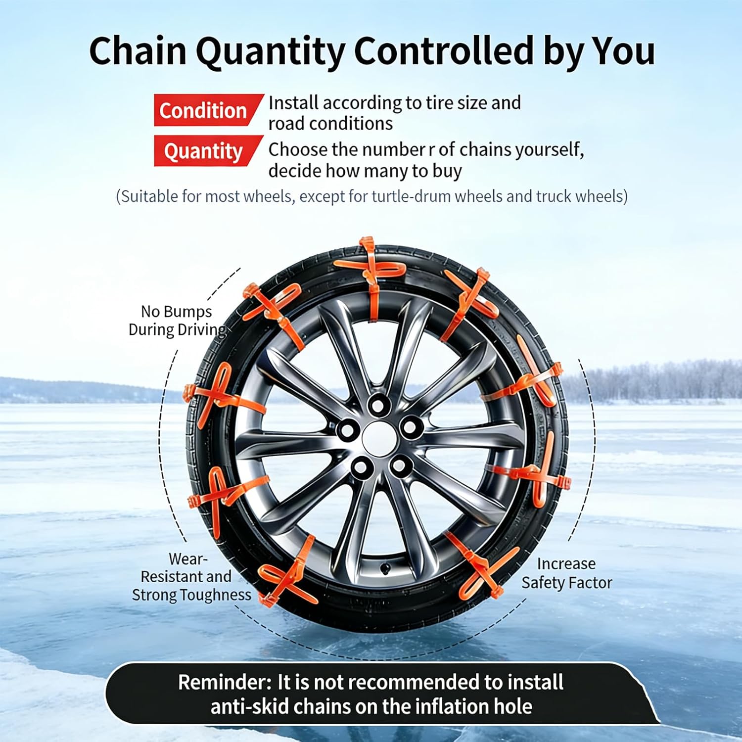 Zip Tie Snow Chains for Car Tires, Universal Anti-Skid Reusable Snow Tire Chains, Emergency Traction Cables for Cars SUVs Trucks, Winter Safety Chains for Snow Ice Mud (40pc)