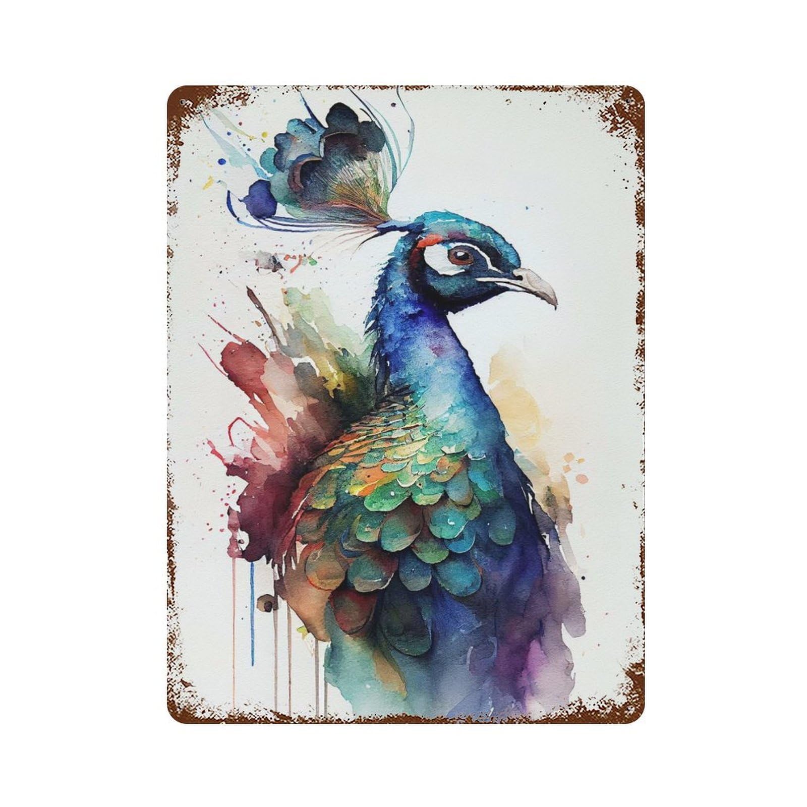 Aged Metal Wall Plaque with Peacock Watercolor Design 15.7"x11.8", for Basement, Hobby Room And Garage Decor, Classic Wall Plaque