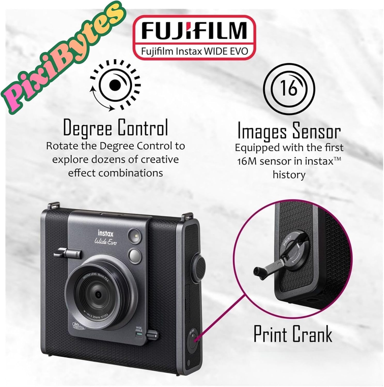 Fujifilm Instax Wide Evo Hybrid Instant Film Camera Bundle with Fuji Instax-Wide Instant Film and Pixibytes Microfiber Cleanin Cloth (2 Wide Twin Bundle, Black)