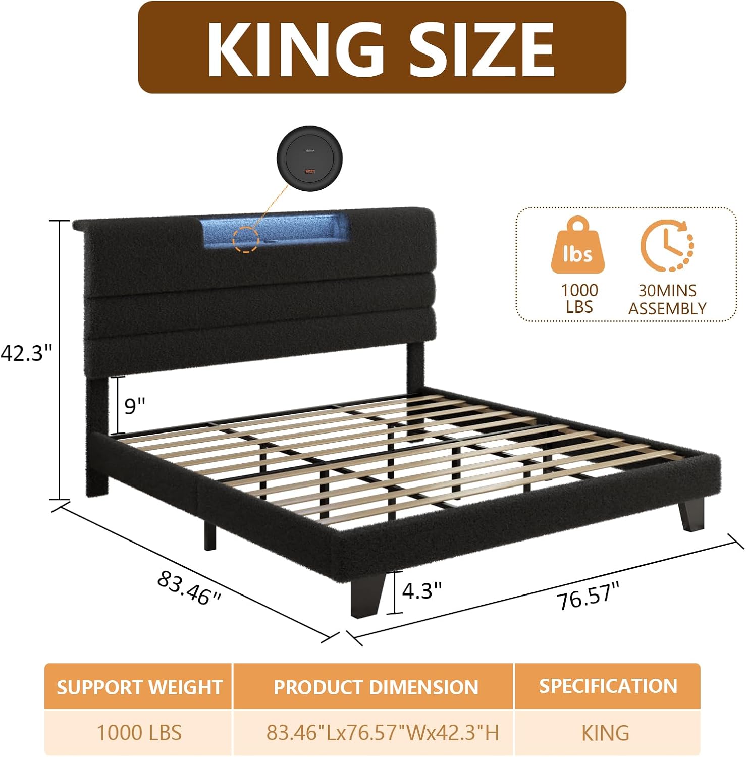 King Bed Frame with Upholstered Headboard, Boucle Platform Bed Frame with LED Lights and Charging Station, Type C& 2-Tier Storage Shelves, Modern Bedroom Furniture, No Box Spring Needed, Dark Grey
