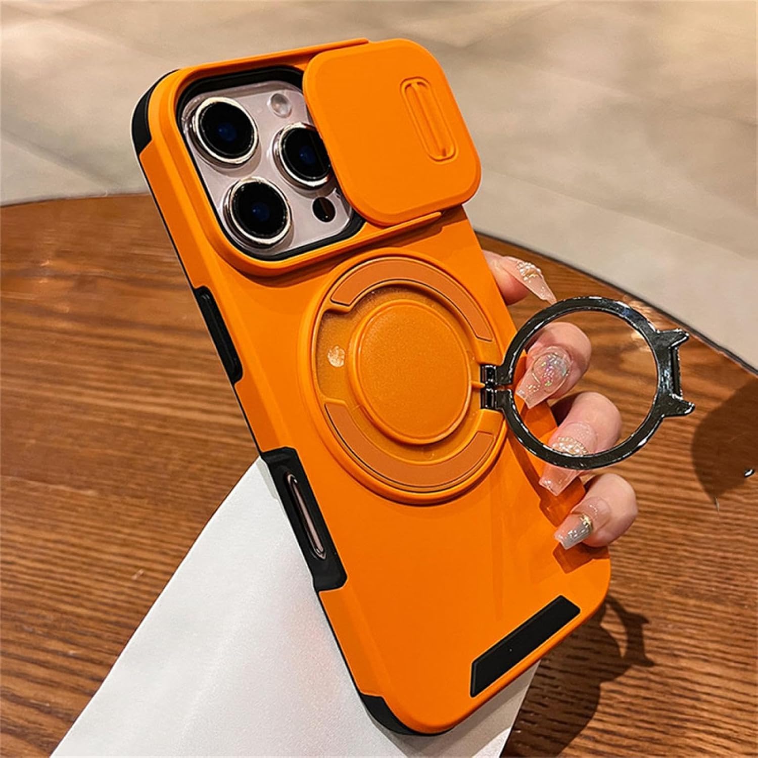 Luxury Slide Camera Protection Armor Magnetic Case for iPhone 16 15 14 Plus 13 12 11 Pro Max Magnetic Ring Stand Bracket Cover(for iPhone 16 Pro/Orange)