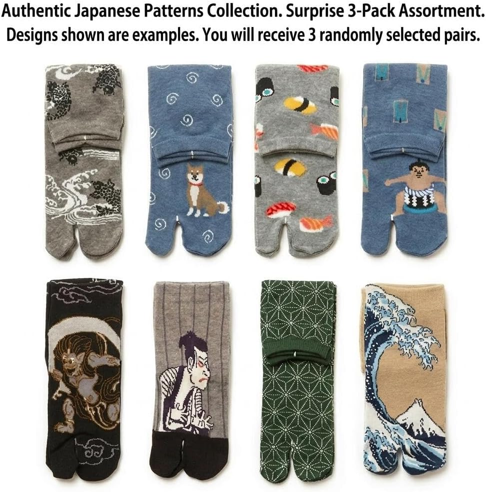 Y's factory Japanese Tabi Socks for Men – Split Toe Crew Socks Assorted 3 Pair Set