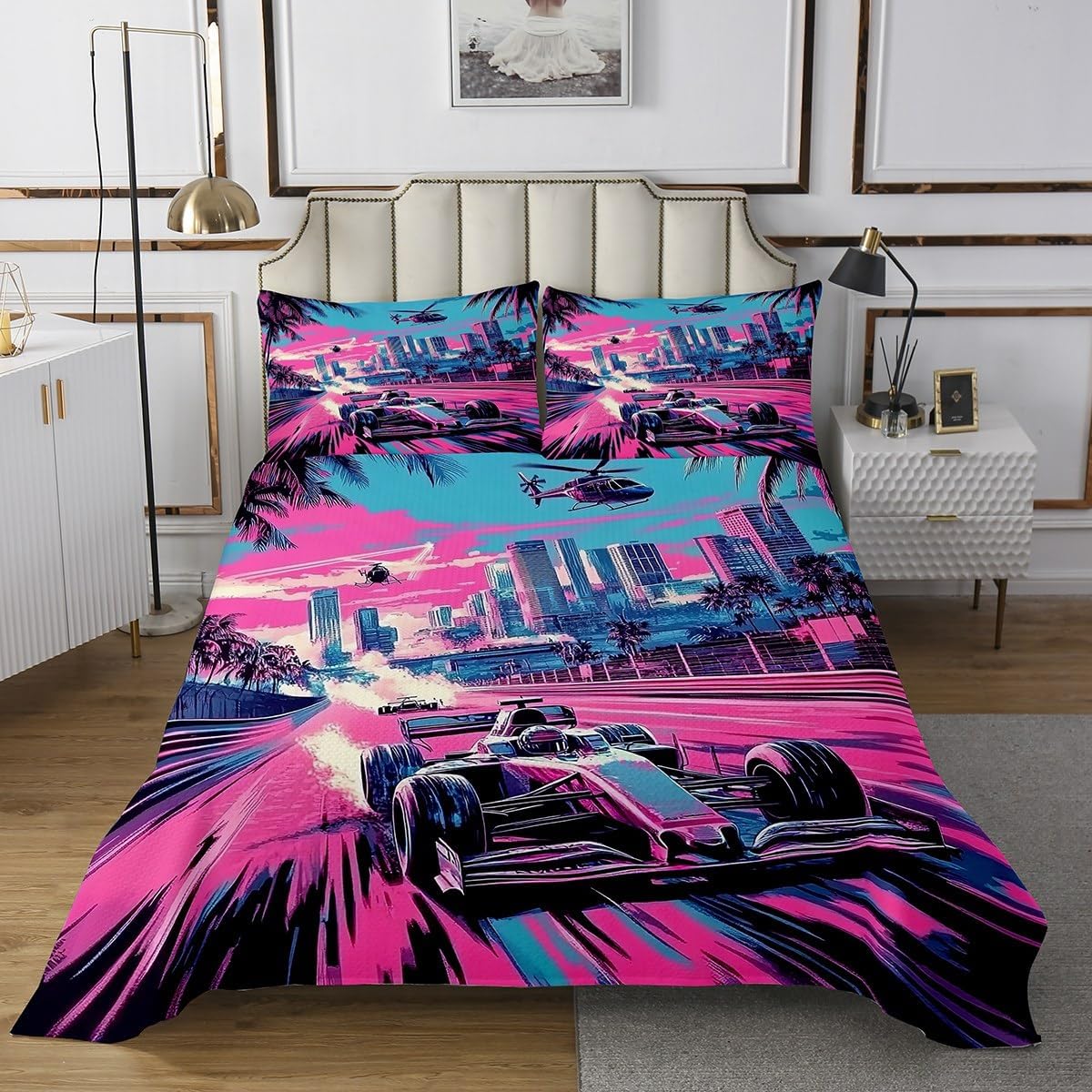 Erosebridal Neon Car Coverlet Set King Size Racing Car Quilted Coverlet for Girls Boys Kids Extreme Speed Sport Quilted Fast and Furious Games Vintage Cartoon Vehicle Pink Blue Bedding Set