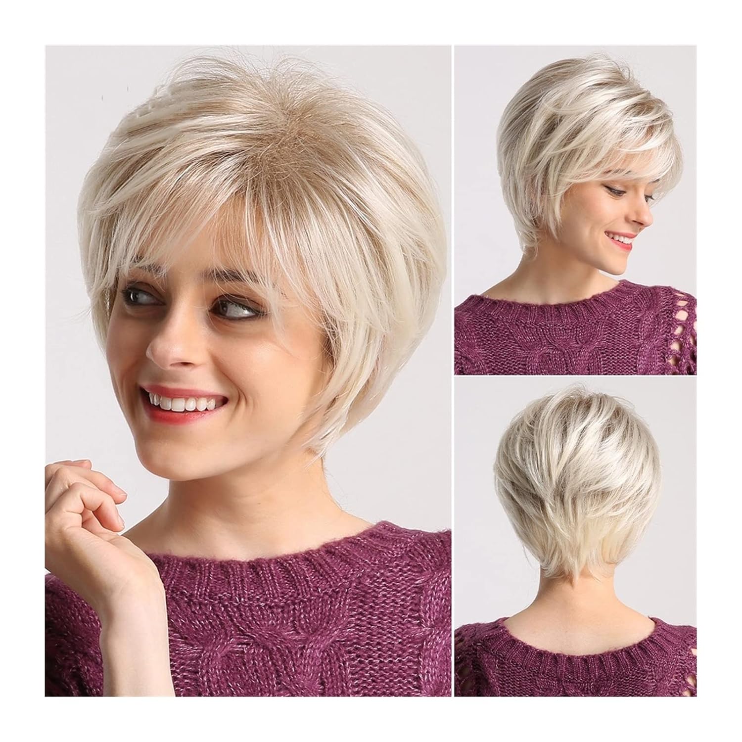 FIONEL Wigs for Women Short Hair Wigs with Bangs Light Brown Mixed White Blonde