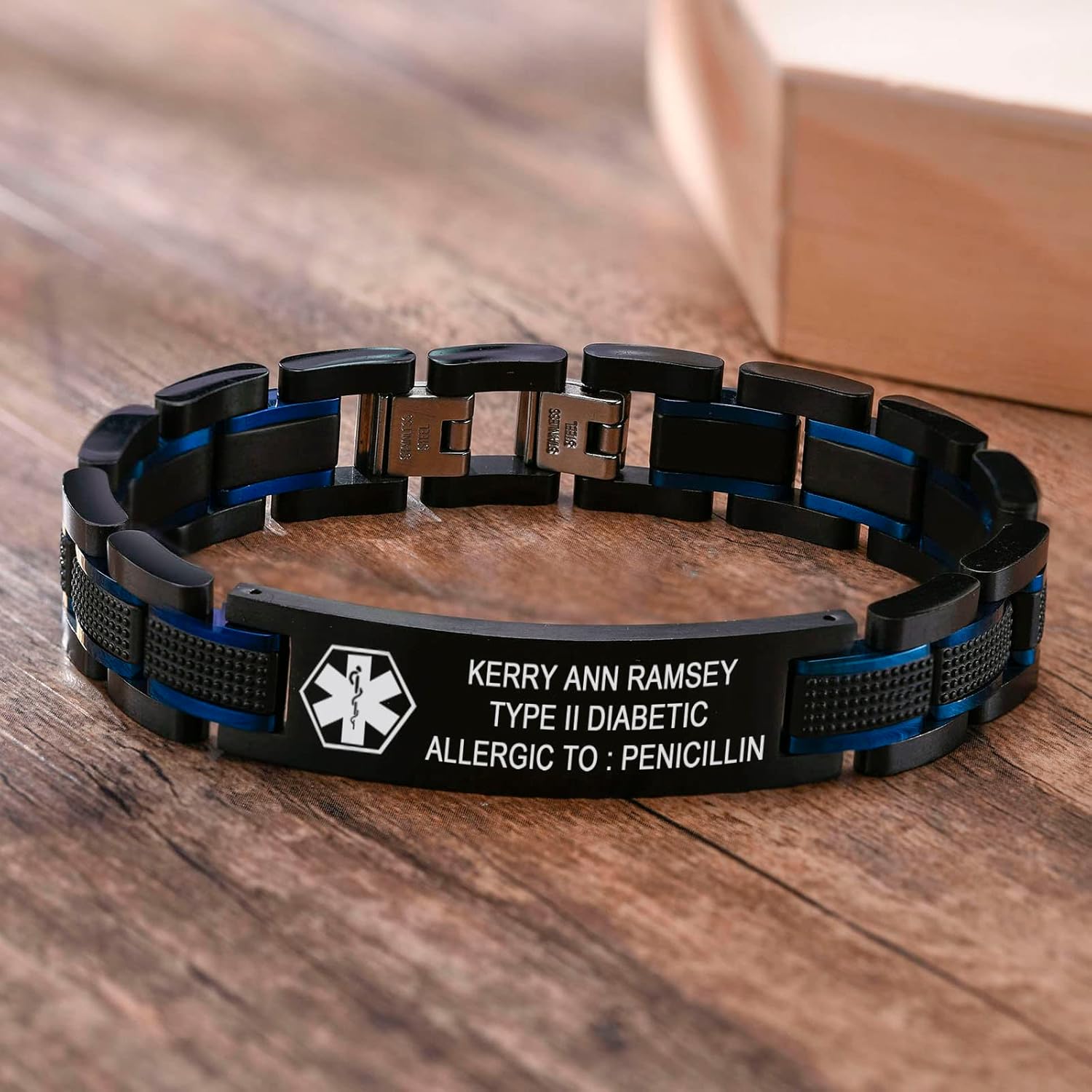 MEALGUET Personalized Free Engraving Men's 2-Tone Black Blue Masculine Stainless Steel Medical Alert ID Bracelet for Men