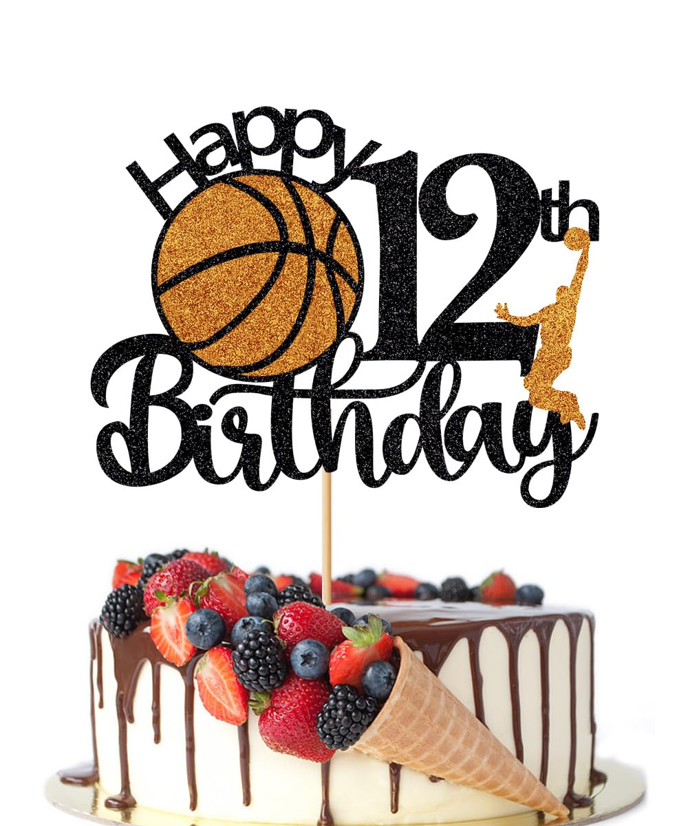 Crseniny Basketball Happy 12th Birthday Cake Topper，Basketball Sports Cake Pick Cheers to 12 Years Birthday Cake Decoration,Kids Boys Girls Sport