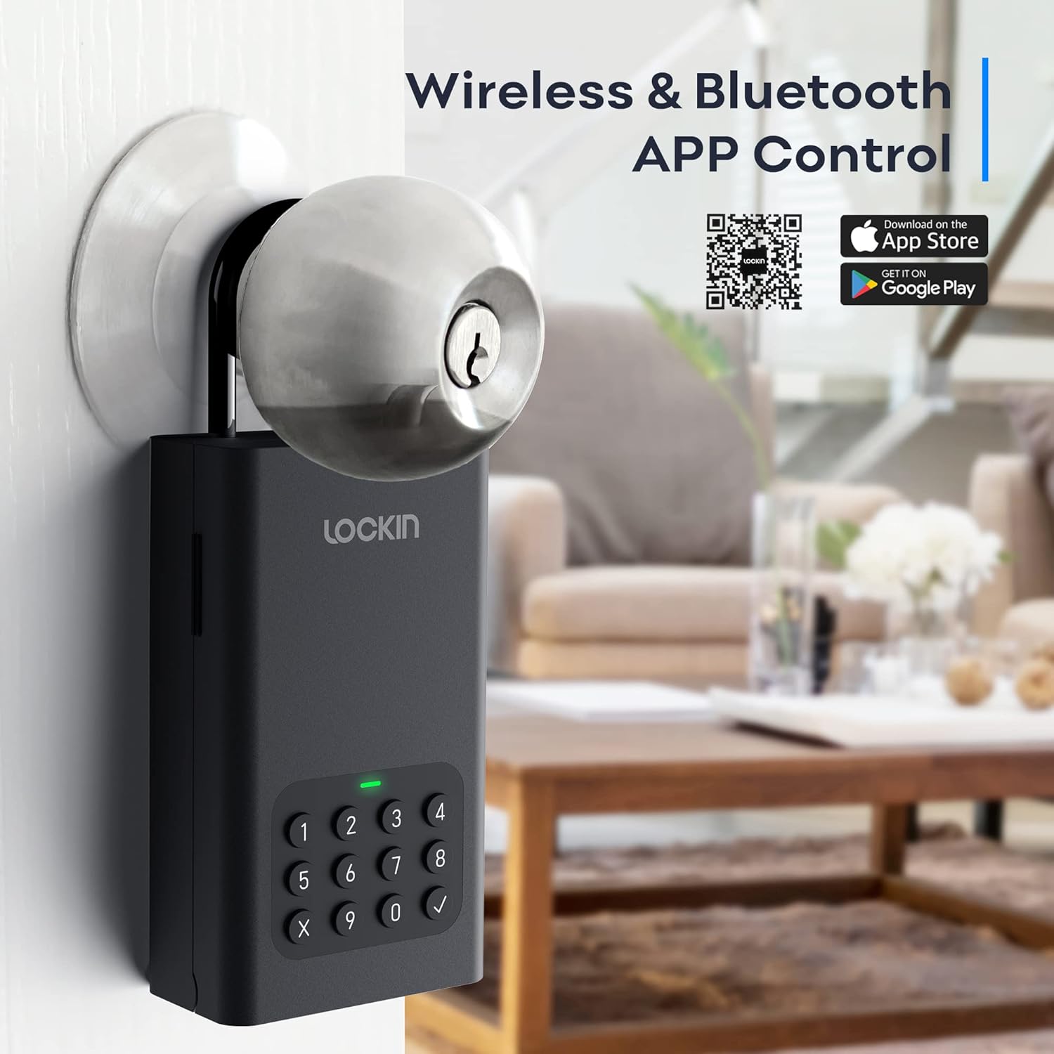 Lockin Smart Lock Box L1 with smartphone showing app interface