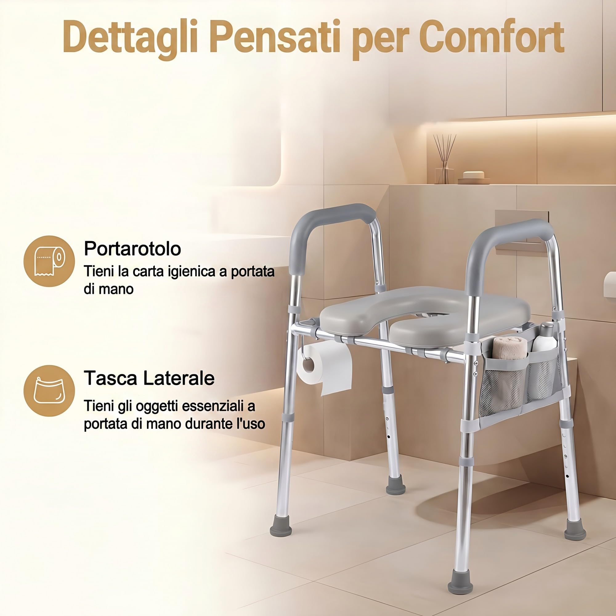 RELAX4LIFE Rialzo WC per Anziani, Sedile WC Rialzato con Portacarta Igienica e Tasca Portaoggetti, Altezza Regolabile, Telaio in Alluminio, Alzata Water per Anziani
