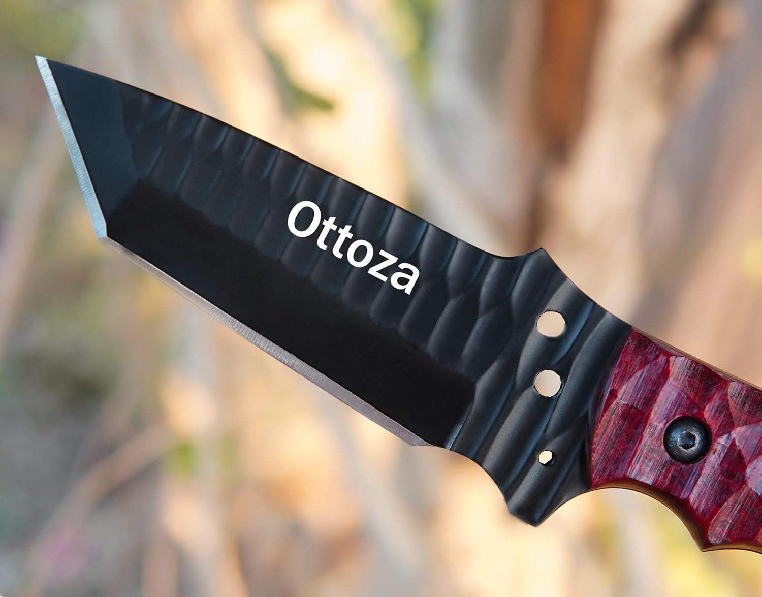 Ottoza Tanto Tactical Knife with Fixed Blade and Horizontal Carry Leather Sheath - Compact Military EDC Knife - Dark Red Micarta Handle 381