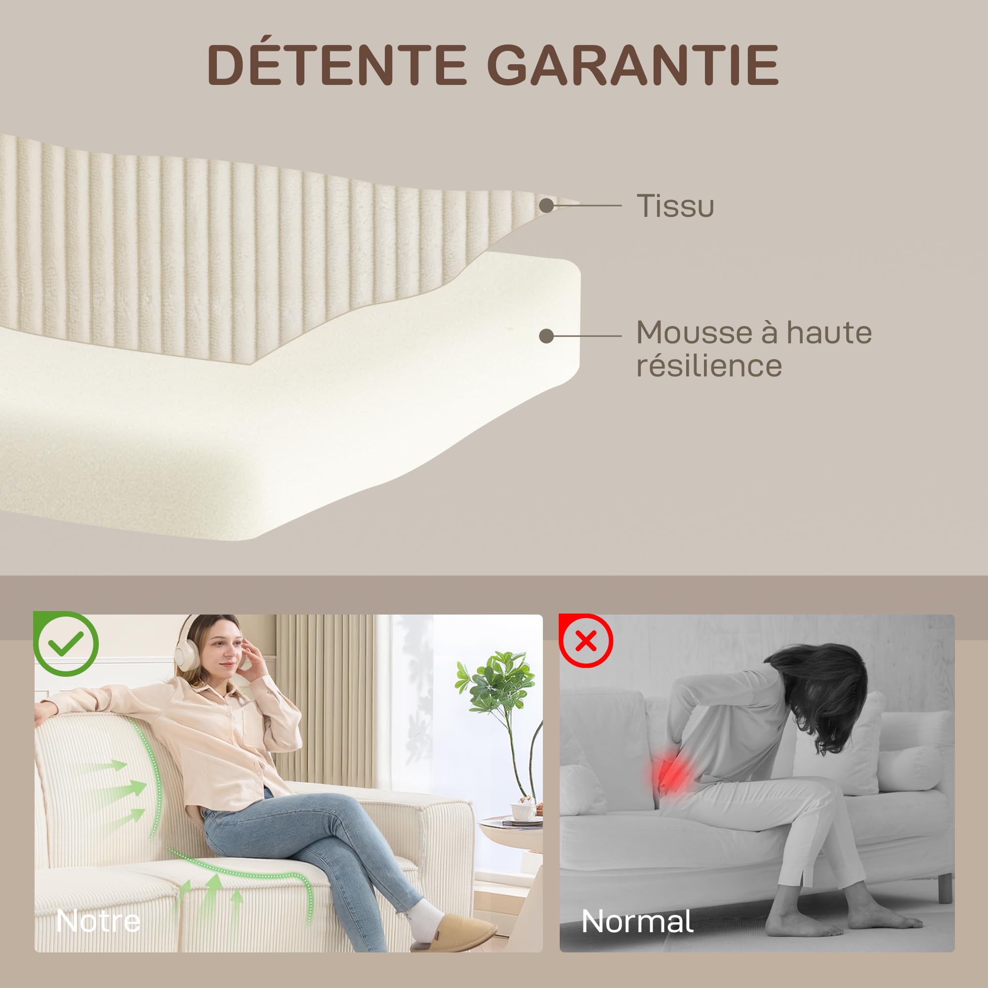 HOMCOM Canapé 3 Places en Velours côtelé 230 cm Moderne Compressé Beige