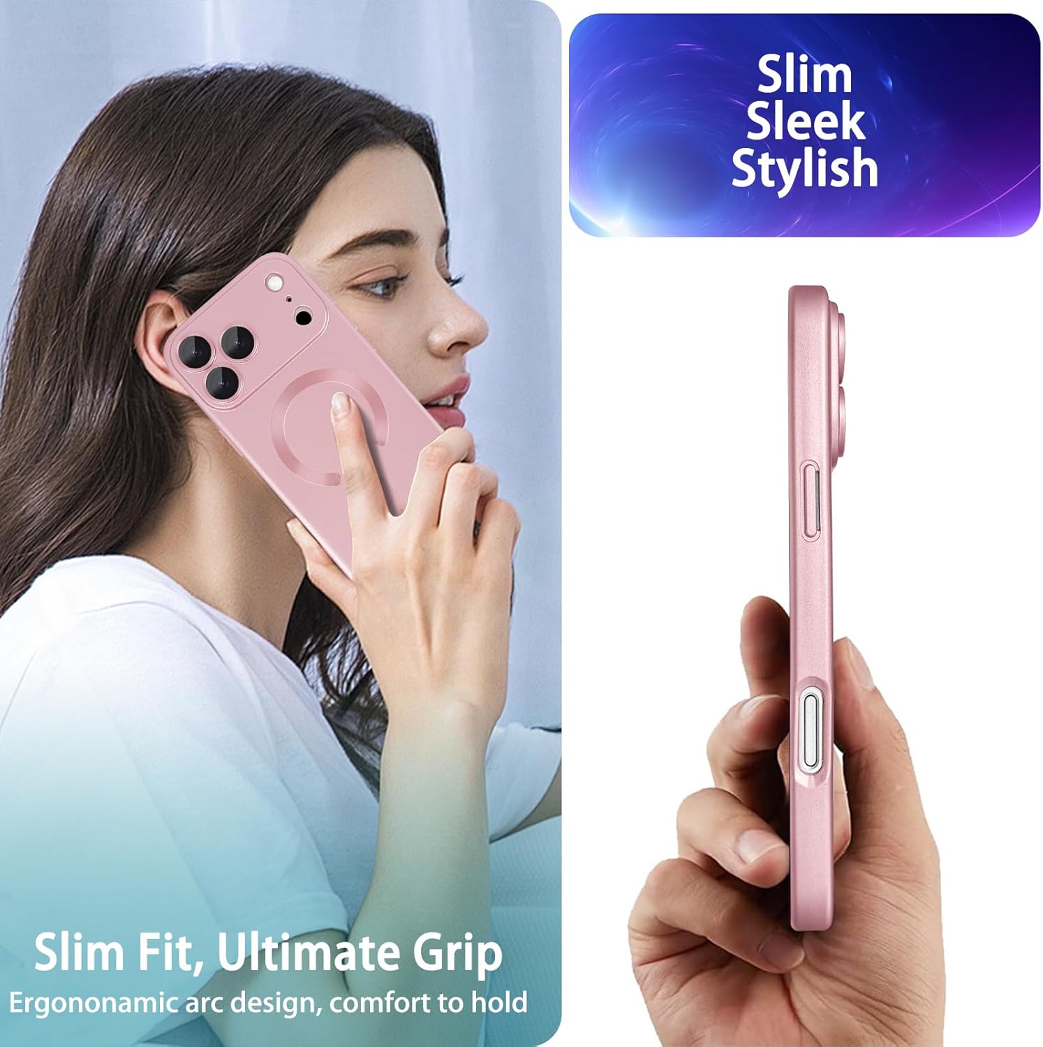 Magnetic for iPhone 17 Pro Max Case, with Camera Lens Protector, Compatible with Magnetic, Slim Shockproof Bumper Soft Silicone Metallic Luster Phone Case for iPhone 17 Pro Max, Pink - Image 6