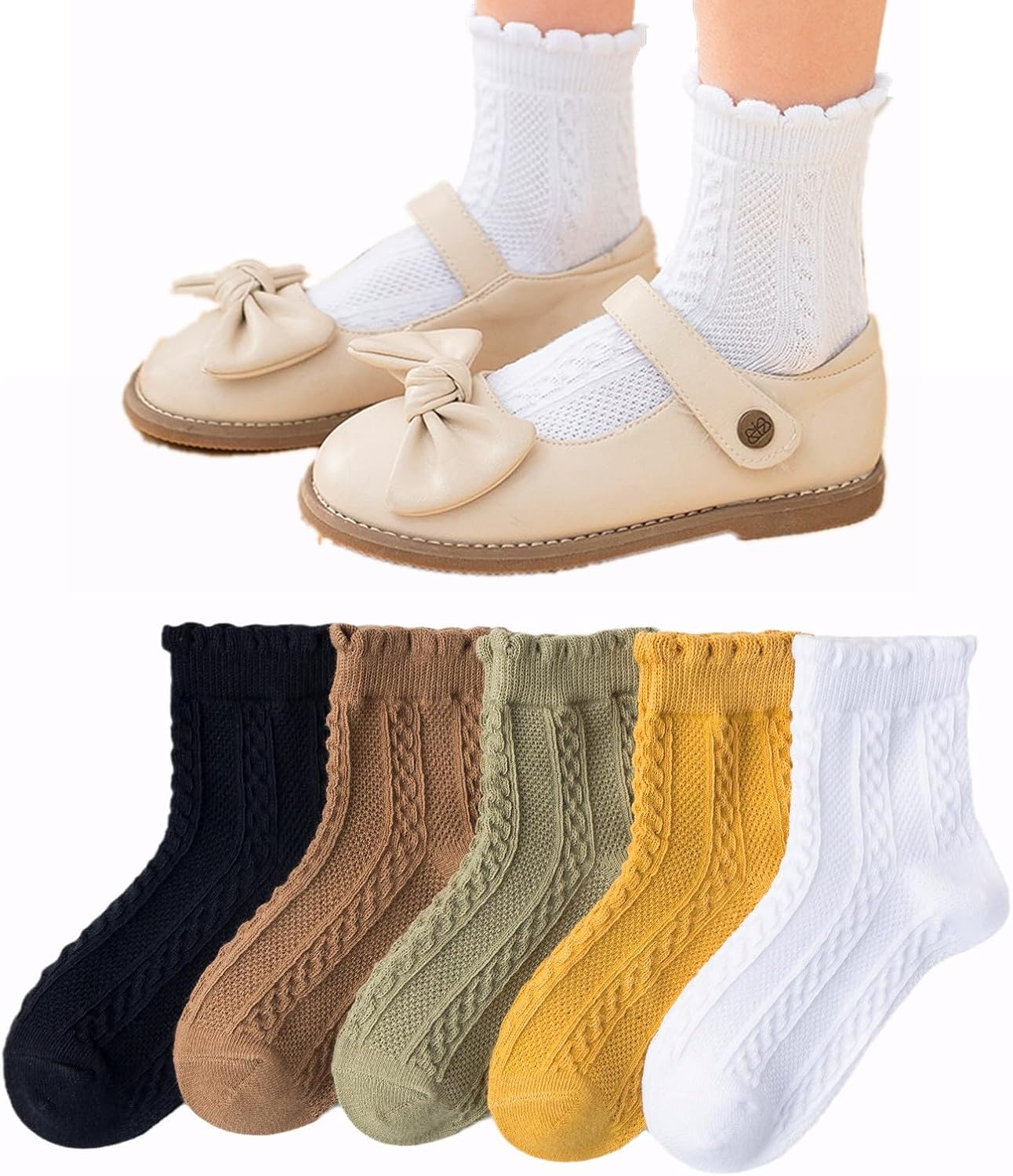 Toddler Girls Ruffle Socks Frilly Dress Socks Knitted Cotton Uniform Socks For Girls(Pairs Of 3/5)