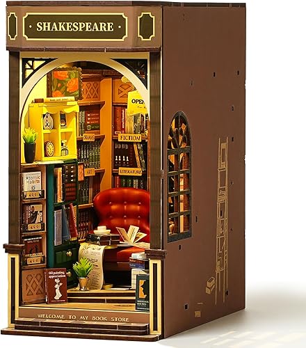 ROBOTIME Kit de rincón de libros para adultos, sujetalibros decorativo vintage, bricolaje, estantería en miniatura, decoración con LED, rompecabezas