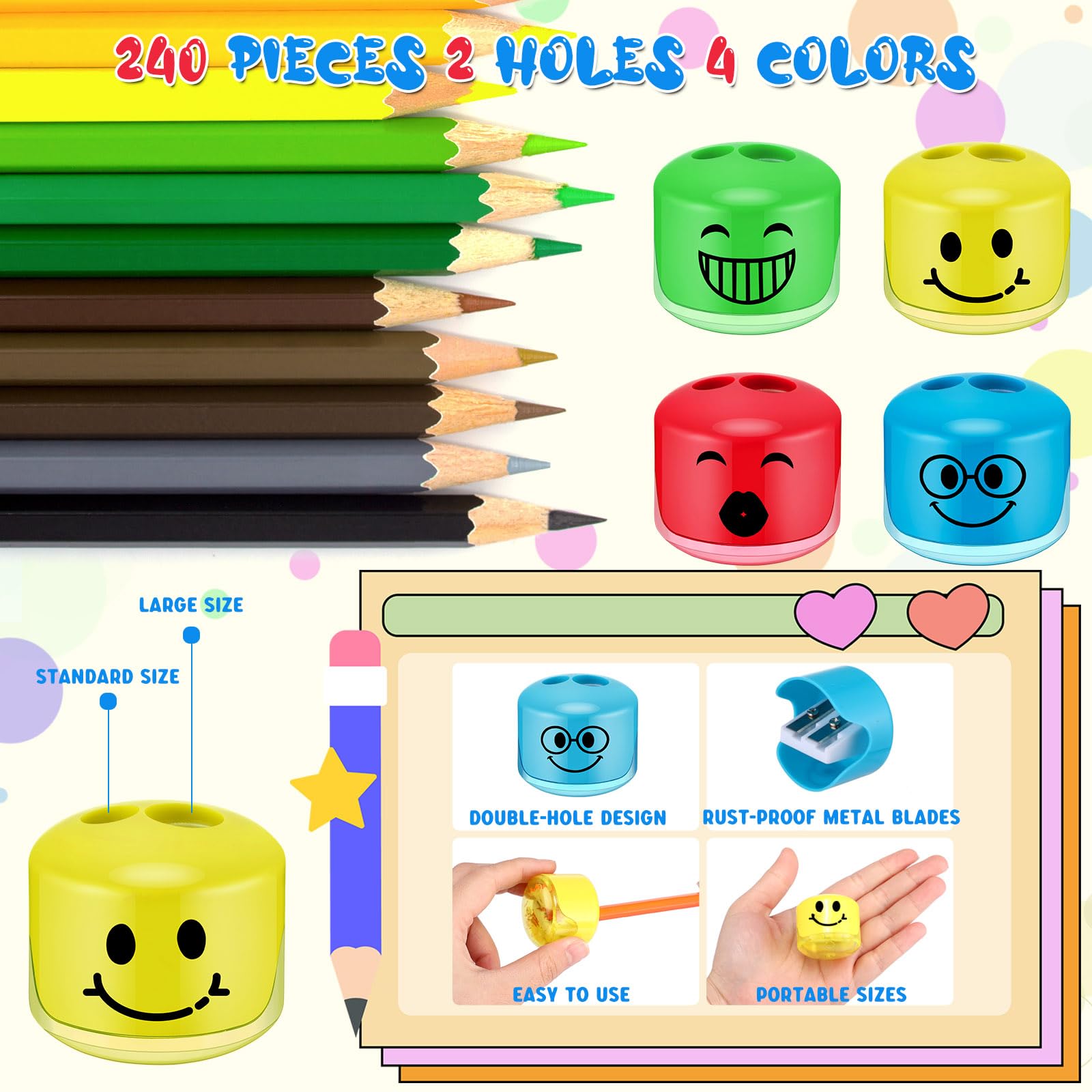Crtiin 240 sacapuntas manuales de doble agujero, con diseño de dibujos animados, para Navidad, escuela, oficina, sala de arte, 240 unidades