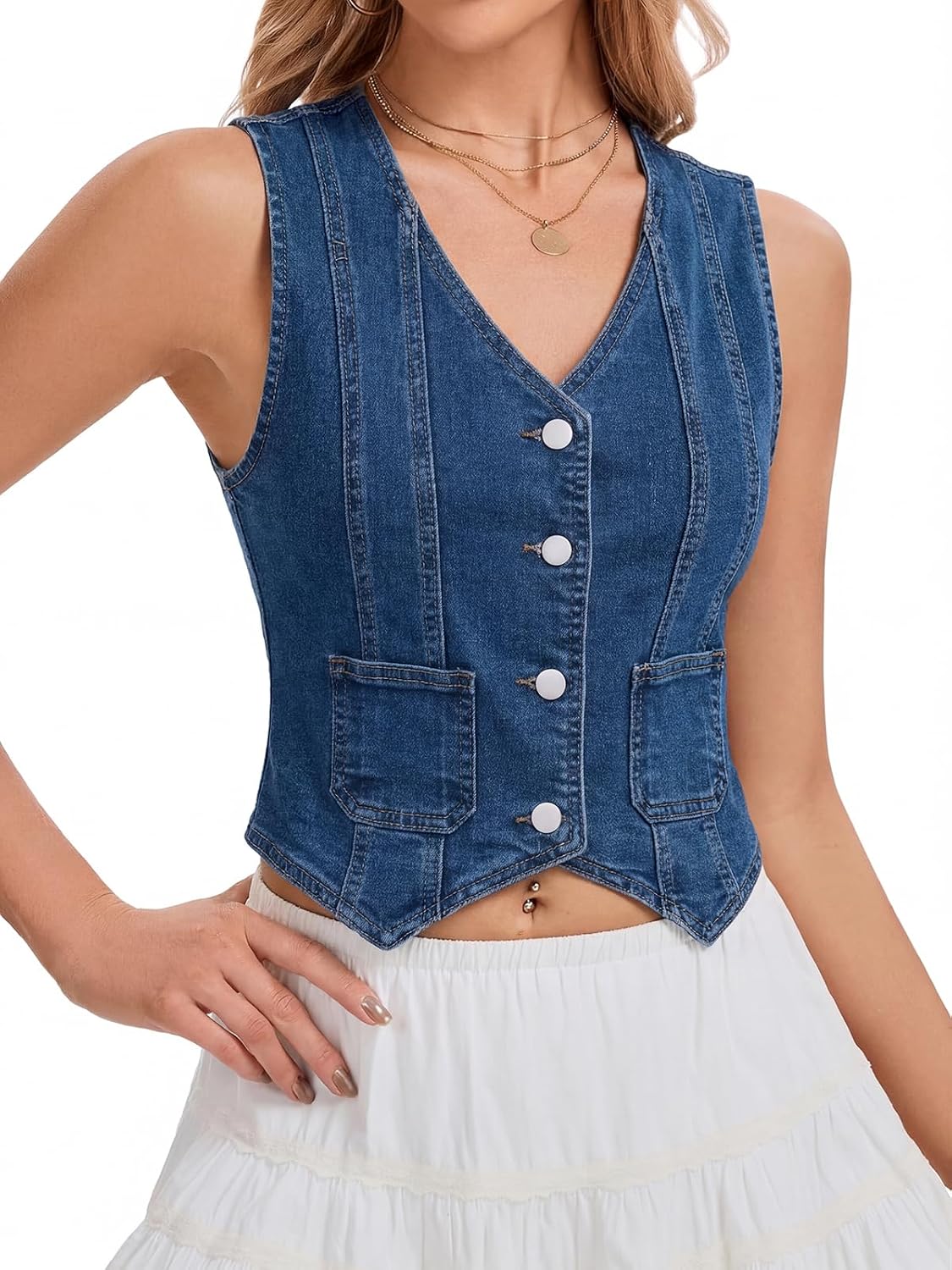 EZAPINE Women Denim Vest Jean Vest Top for Women V Neck Button Down Jean Waistcoat Y2K Summer Denim Crop Tops