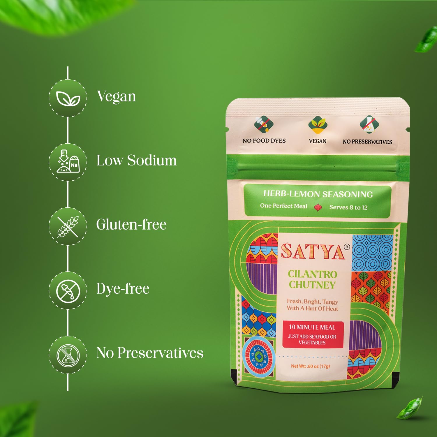 Satya Cilantro Chutney Powder Seasoning Mix 0.6 oz Sachets (Pack of 5- 85gm) – Herb Lemon Indian Seasoning for Vegetables & Seafood - Vegan, Gluten & Dye Free, Low Sodium Authentic Indian Spices and Seasoning - 17gm each
