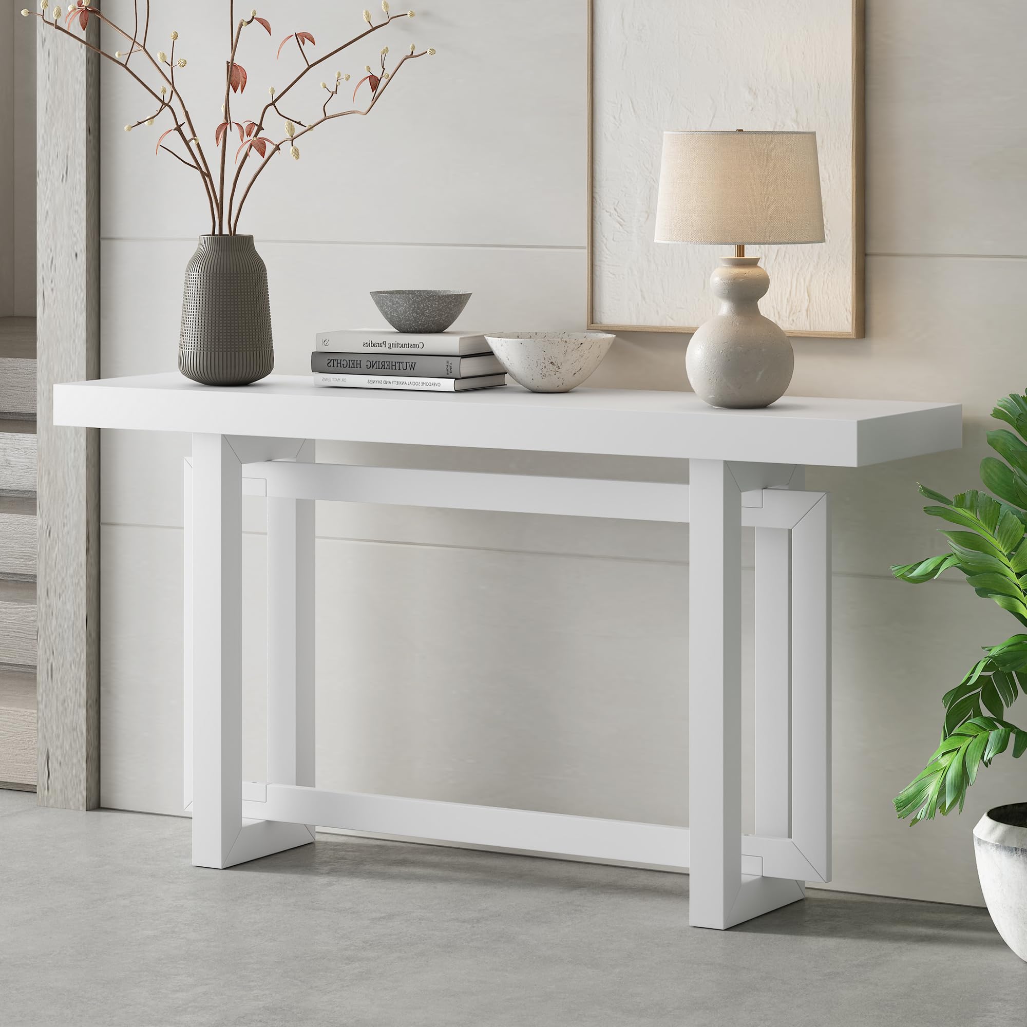 Merax Wood Entryway Console Table, Modern Line Frame with Industrial Concrete Top, for Living Room/Hallway/Foyer, White