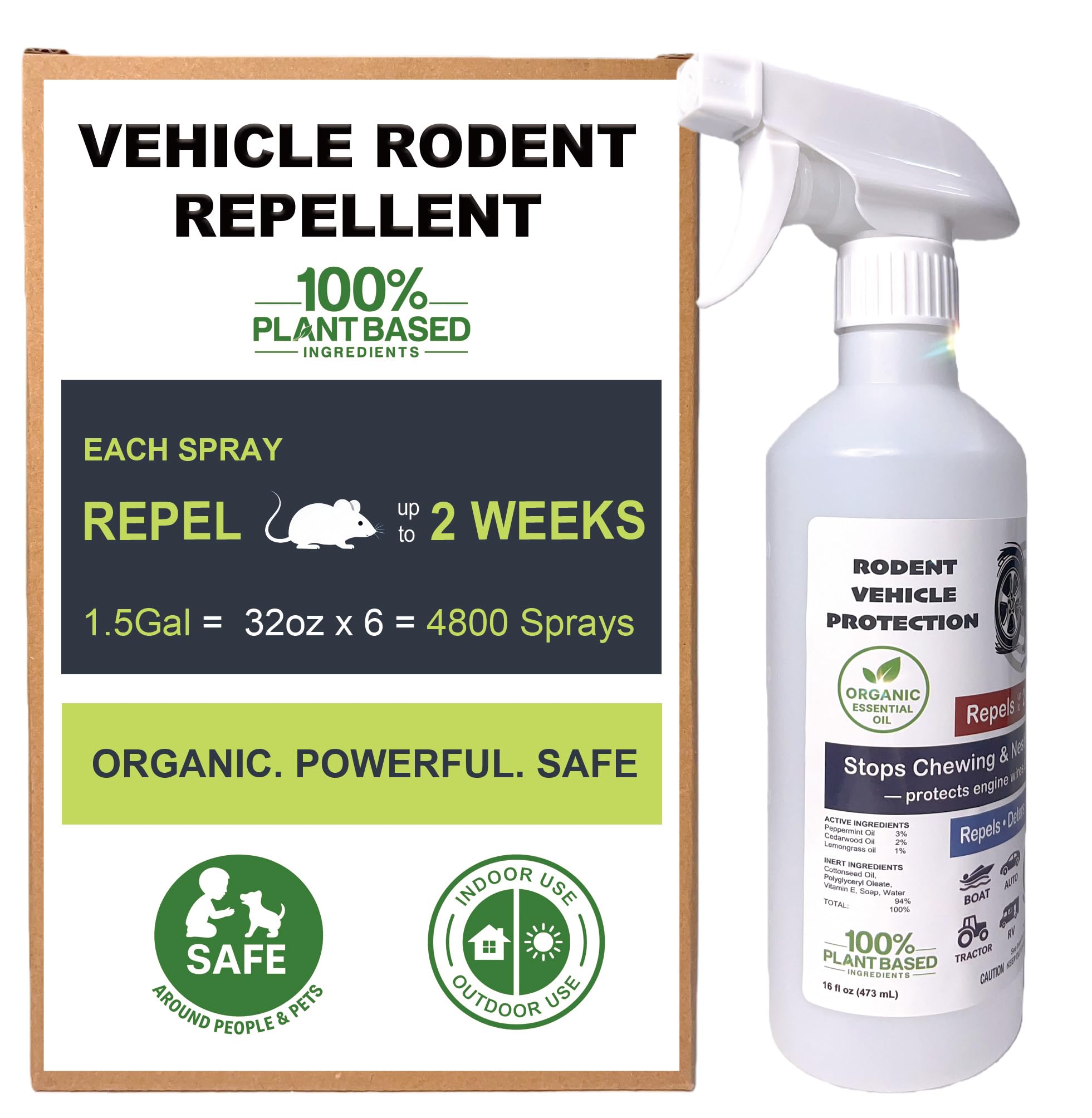 64oz Organic Peppermint Oil Rodent Repellent Spray for Vehicles – 2X Effective Natural Mouse &amp; Rat Control for Car Engines, RVs, Trucks &amp; Boat