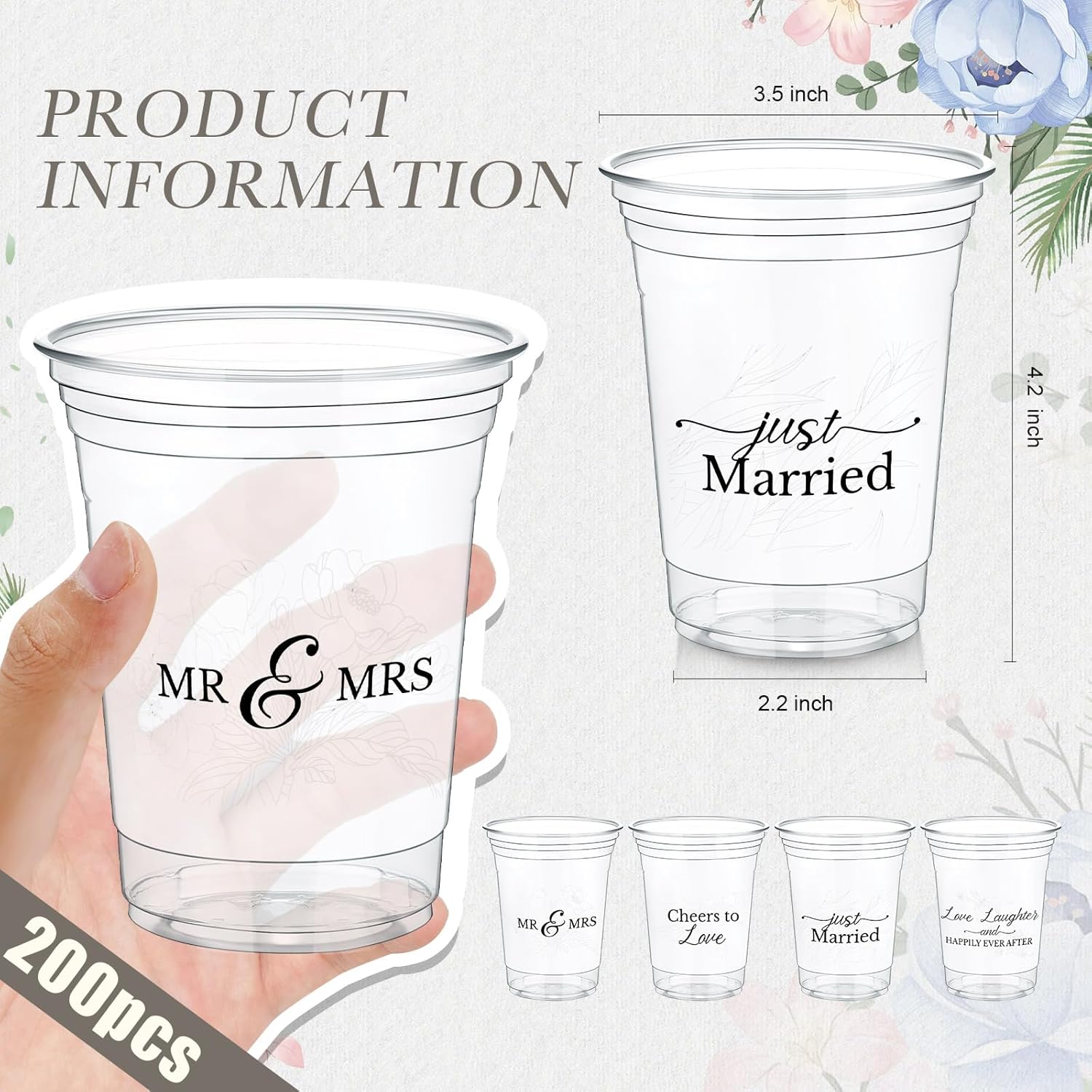 200 Pcs Wedding Plastic Cup 12 oz Wedding Disposable Cups for Reception Thick Clear Cup Happily Ever After Mr and Mrs Just Married Cups for Bridal Shower Decorations