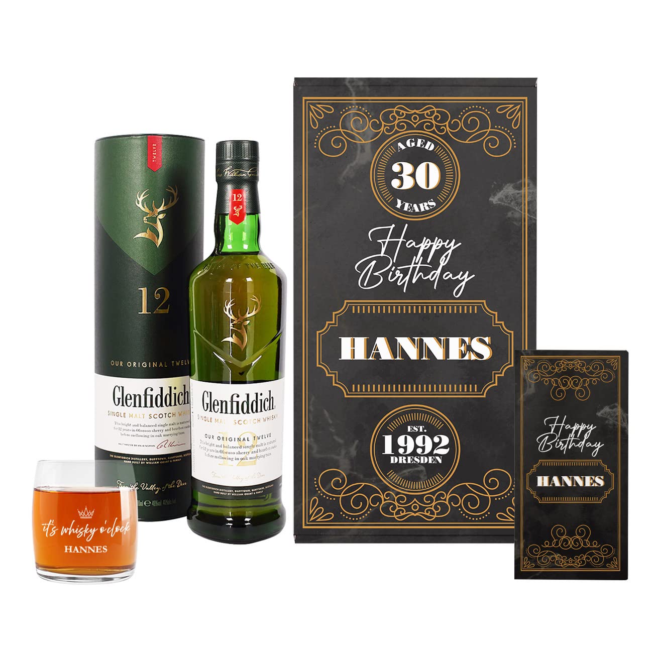 Herz & Heim® Glenfiddich 0,7l Whisky Geschenk Set zum Geburtstag/inkl. Schokolade, Whiskyglas und Geschenkbox/personalisiert