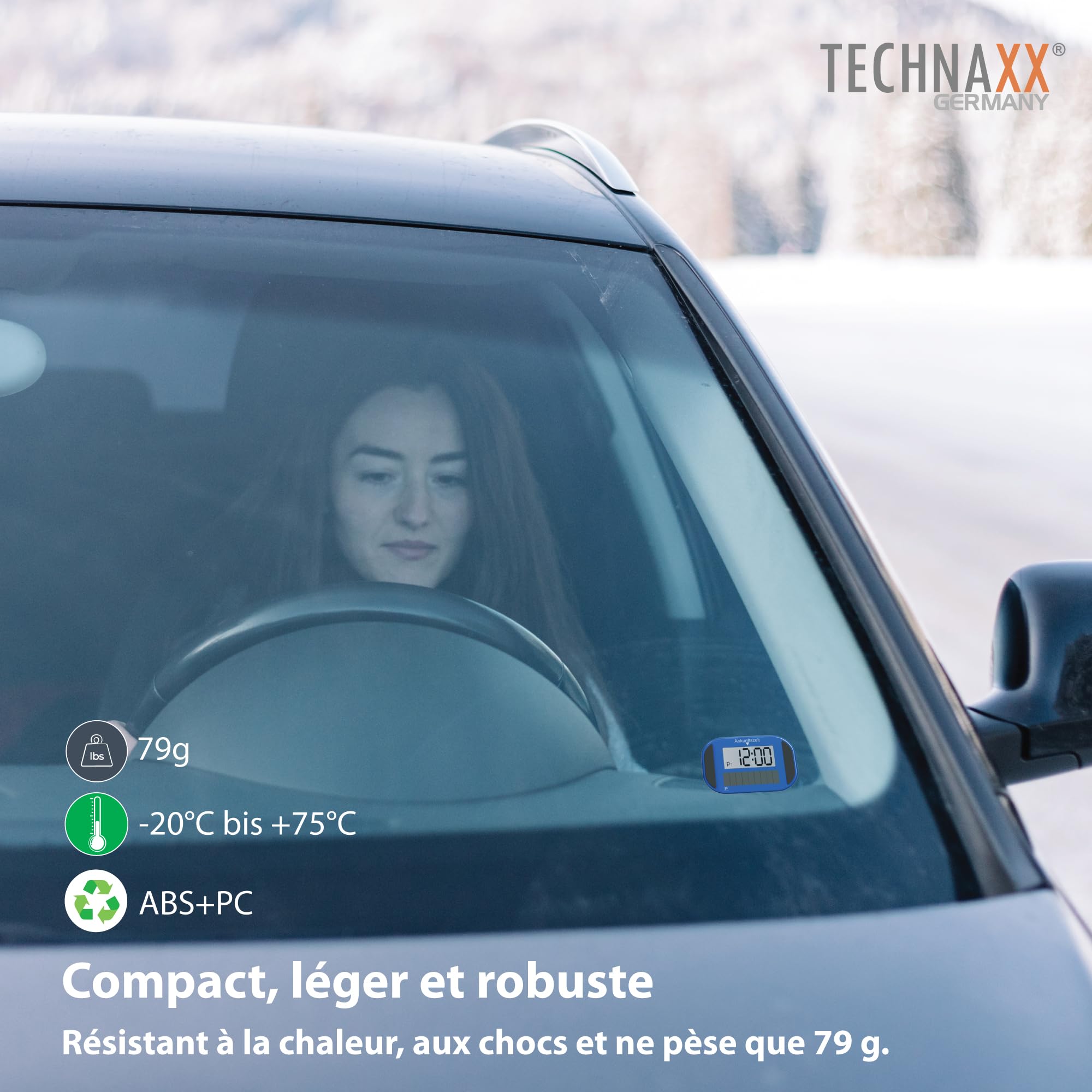 Technaxx TX-337 Disque de stationnement électronique solaire – Horloge automatique pour voiture avec capteur de mouvement, double écran, charge solaire et batterie incluse – Accessoire de stationnemen