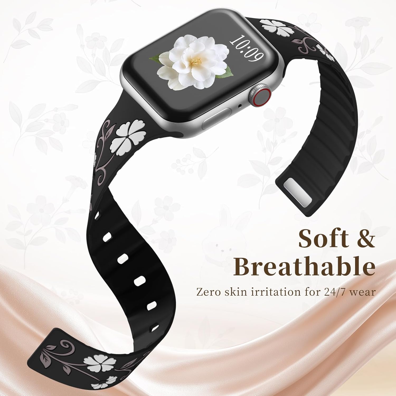 Easuny Magnetic Floral Band Compatible with Apple Watch Bands for Women 40mm 41mm 42mm 44mm 38mm 45mm 46mm 49mm, Engraved Silicone Cute Flower Strap for iWatch Series 11 10 9 8 7 6 5 4 Se 3 2 2nd 1