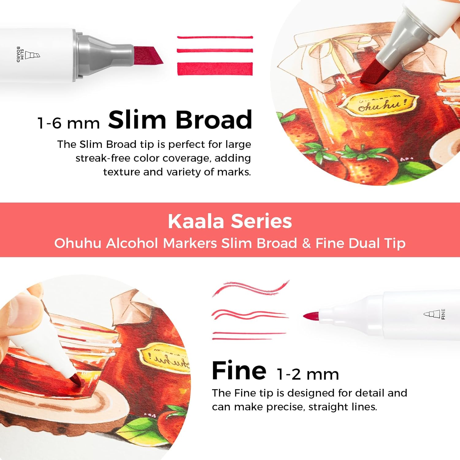 Ohuhu Alcohol Markers - Double Tipped Art Marker Set for Artists Adult Coloring - Alcohol-based Refillable Ink - 24 Basic Colors - Slim Broad & Fine Dual Tips - Kaala Markers Pen Gift