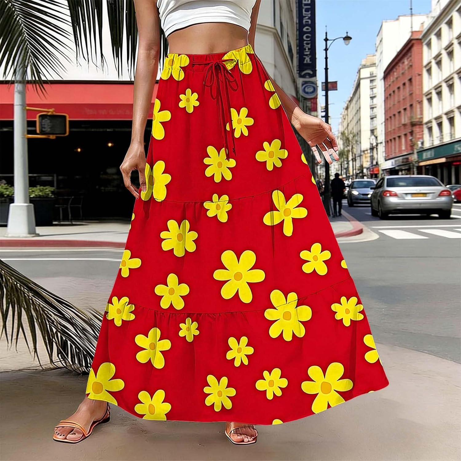 Long Skirts for Women Boho Maxi Skirt Summer Flowy High Waisted A-Line Tiered Layer Floral Print Skirt with Pockets