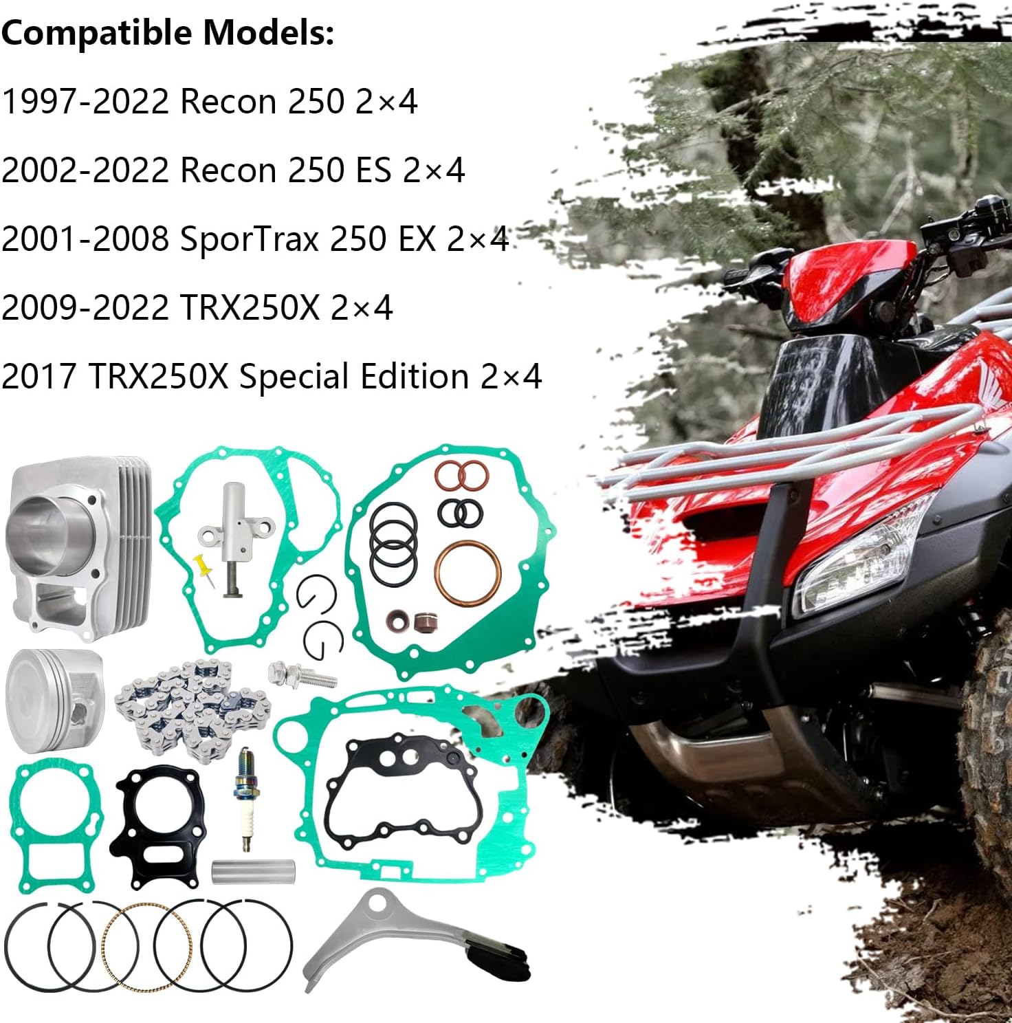 68.5mm Cylinder Piston Ring Tensioner Gasket Top End Rebuild Kit Compatible with Honda Recon 250 SporTrax 250 EX 2×4 TRX250X