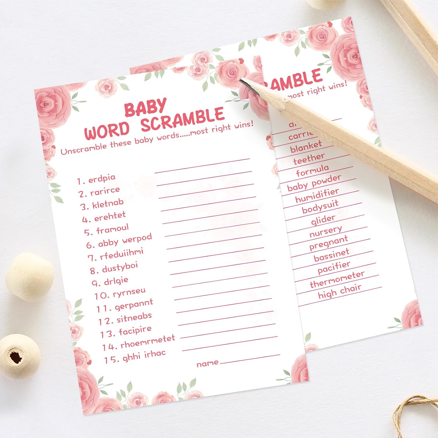 OLOUTAB 50 Baby Shower Games for Girl - Floral Theme Word Scramble, Thick Cardstock, Fun and Easy to Play (With Answer)