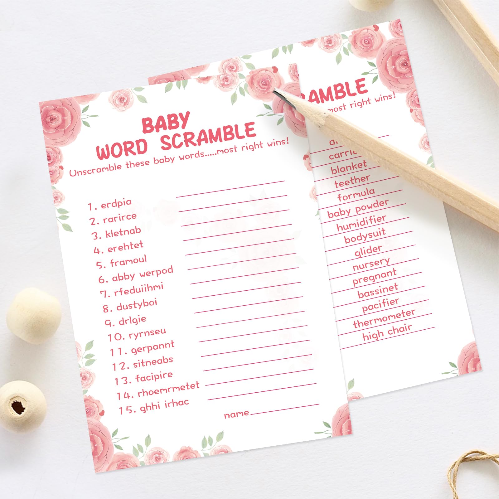 OLOUTAB Zestaw 50 zestawów na baby shower, kwiatowy, gruby karton, zabawny, łatwy do zabawy (z odpowiedzi)