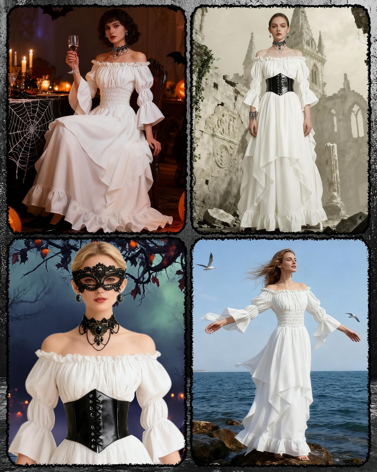 Vestido Medieval para Mujer, Vestido Renacentista con Cinturón, Disfraz de Gótico, Collares, Pulseras, Pendientes,Victoriano para Carnaval, Halloween, Fiestas de Princesas