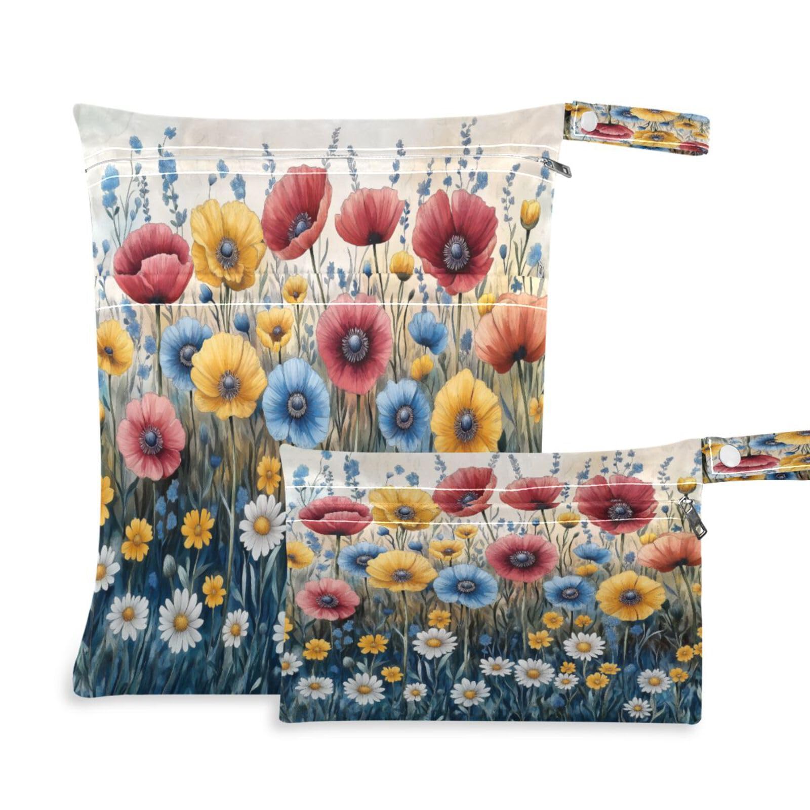 ATTX Colorful Wildflowers Wet Dry Bags 2-Pack - Reusable Cloth Diaper Storage for Travel, Beach & Gym | Multi-Use Waterproof Bags for Swimsuits, Baby Clothes, Sports Gear#588