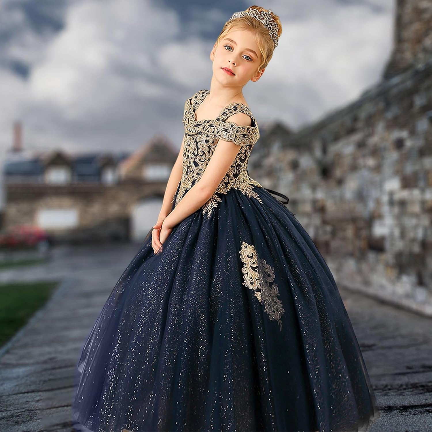 Formal Girls Tulle Long Pageant Dresses Prom Ball Gown Gold Lace Beaded - Image 5